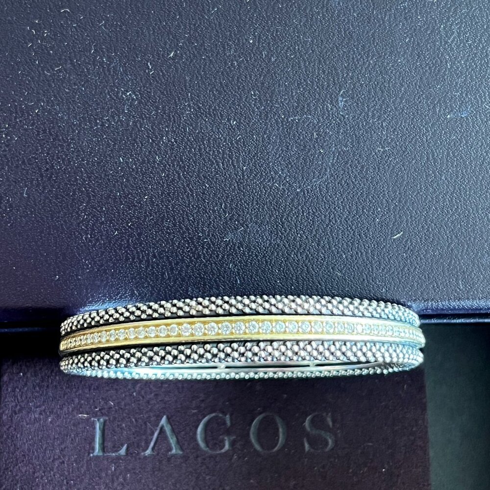 LAGOS DIAMOND 1.02 CTW 18K YELLOW GOLD & STERLING SILVER HINGED BANGLE BRACELET